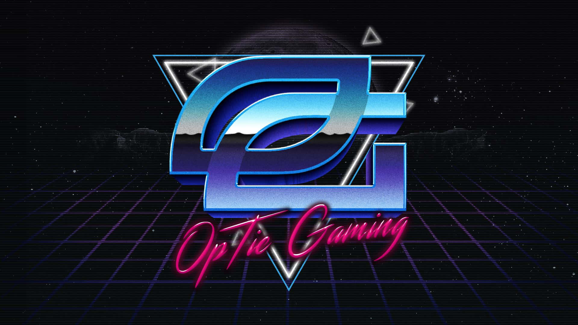 Optic Gaming 桌布 壁紙 — 一個發光的藍色和粉紅色復古未來風格標誌，用於 Optic Gaming，背景為星形網格和霓虹三角形。