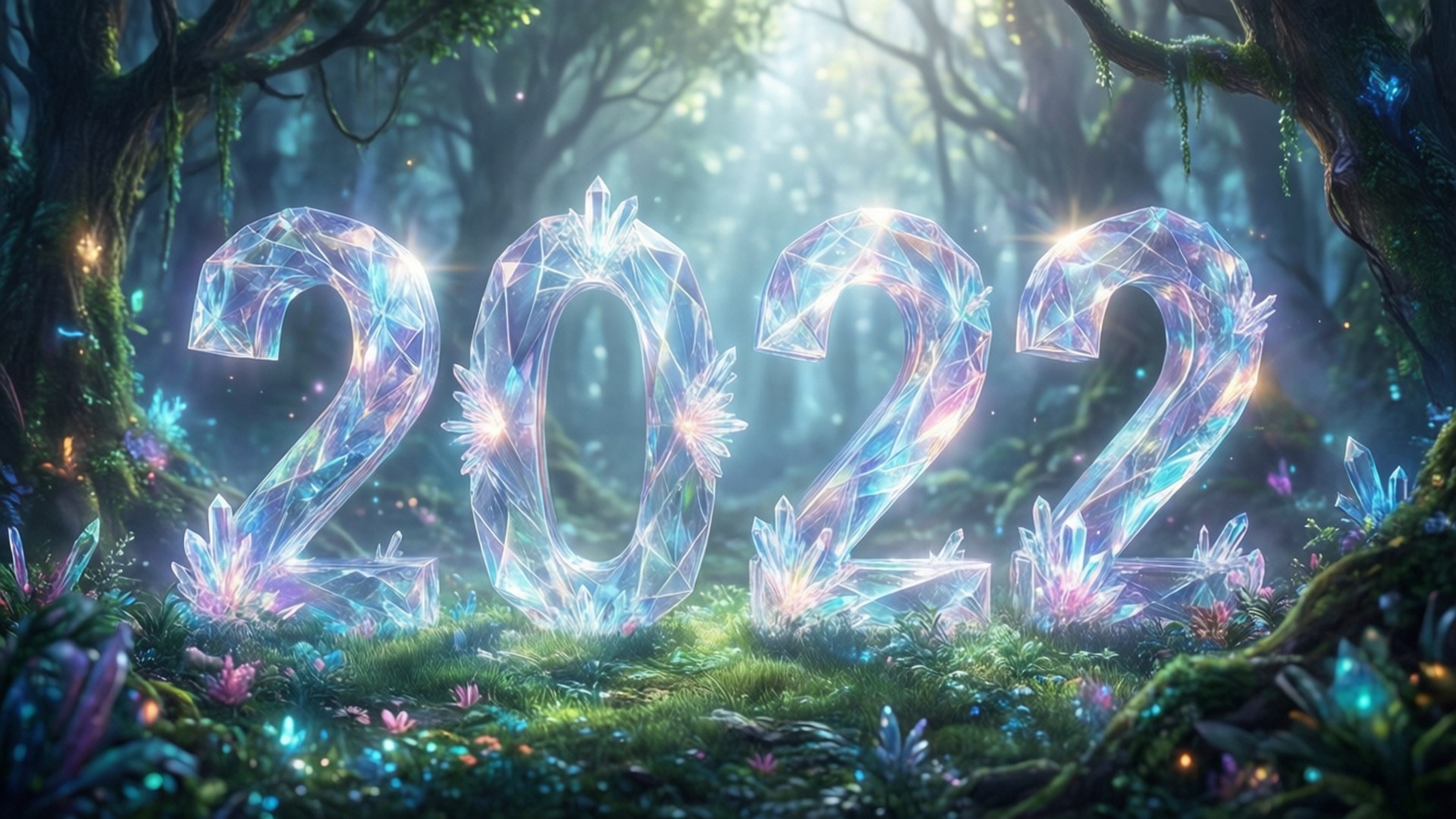 2022 桌布 壁紙 — 發光的晶體2022漂浮在神秘的森林中，沐浴在空靈的藍色和紫色光中。