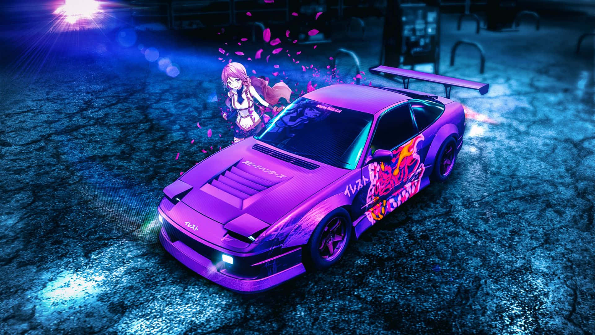  壁紙 — 一輛發光的紫色動漫風格跑車，旁邊有一個粉紅色頭髮的女孩，在潮濕的城市街道上霓虹燈下。