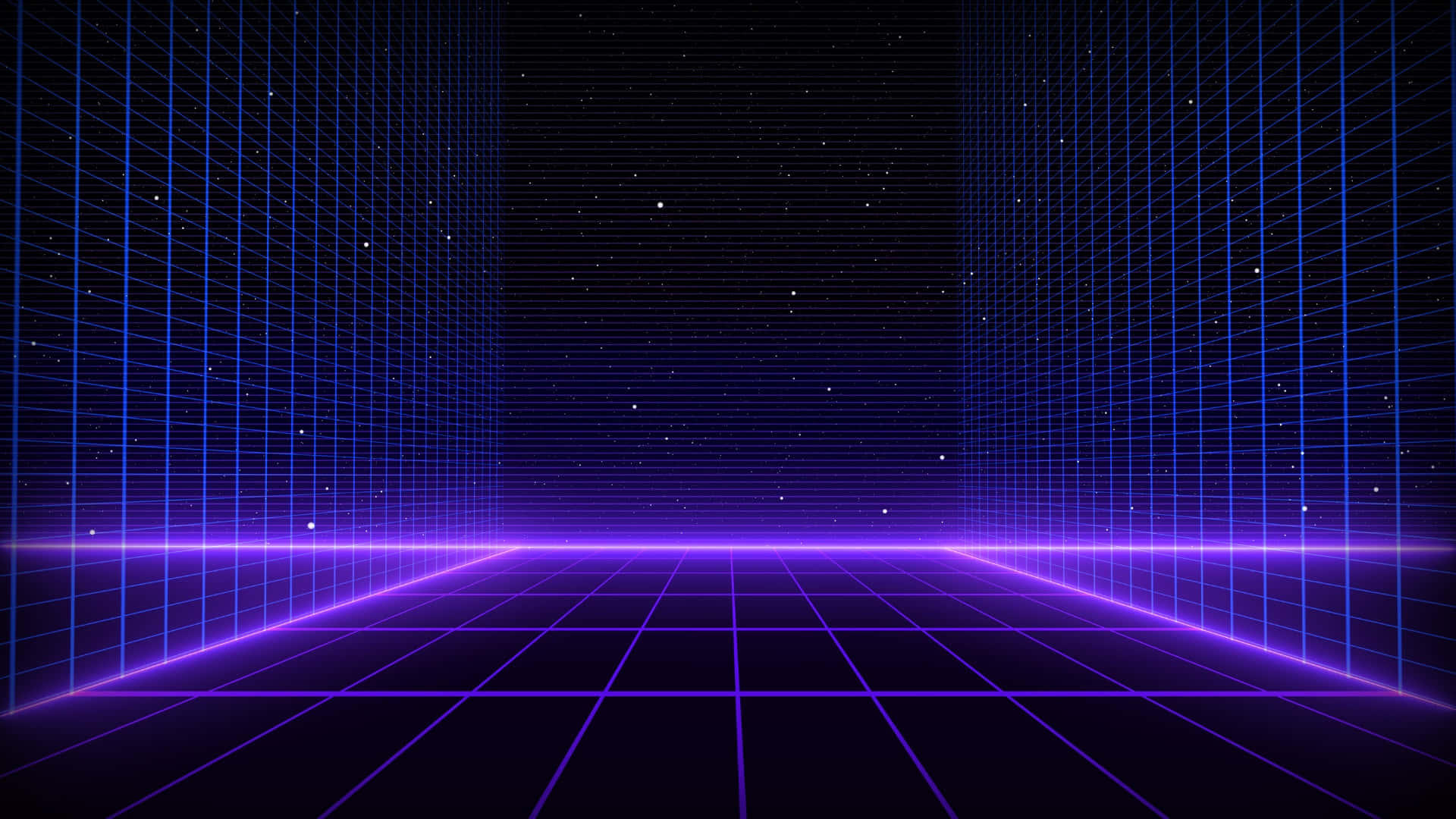  壁紙 — 一個發光的紫色網格房間，帶有星空的黑色牆壁，喚起一種復古未來主義的數字虛空。