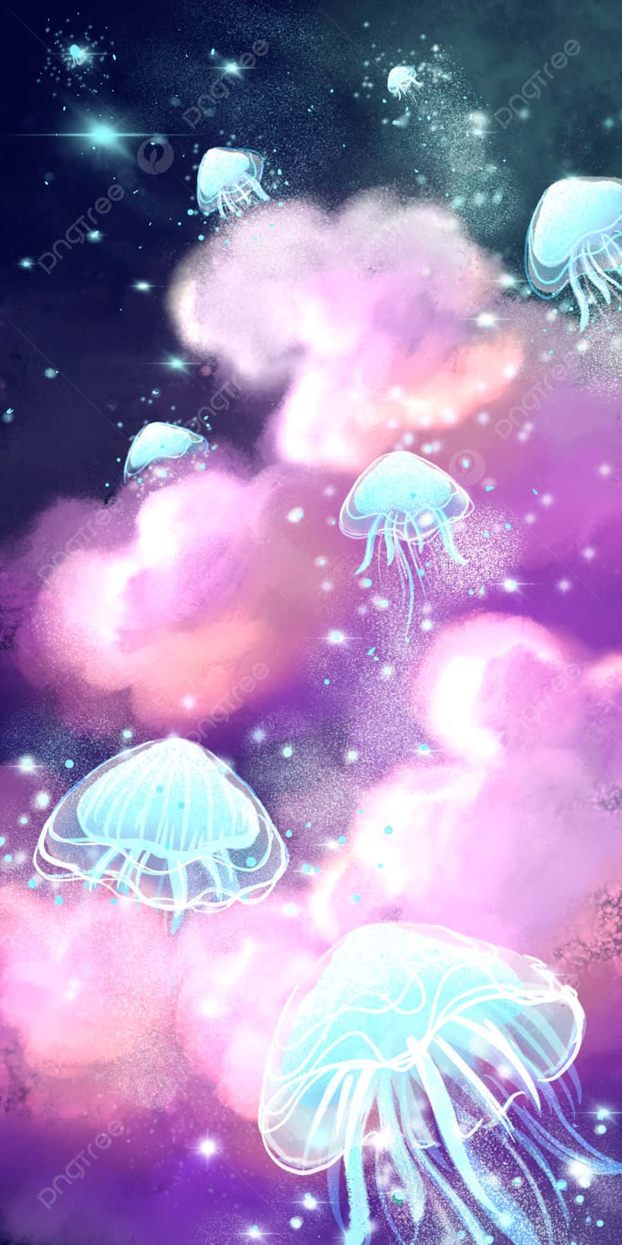  壁紙 — 發光的水母漂浮在充滿閃爍星星和柔和粉紫色雲彩的夢幻宇宙星雲中。