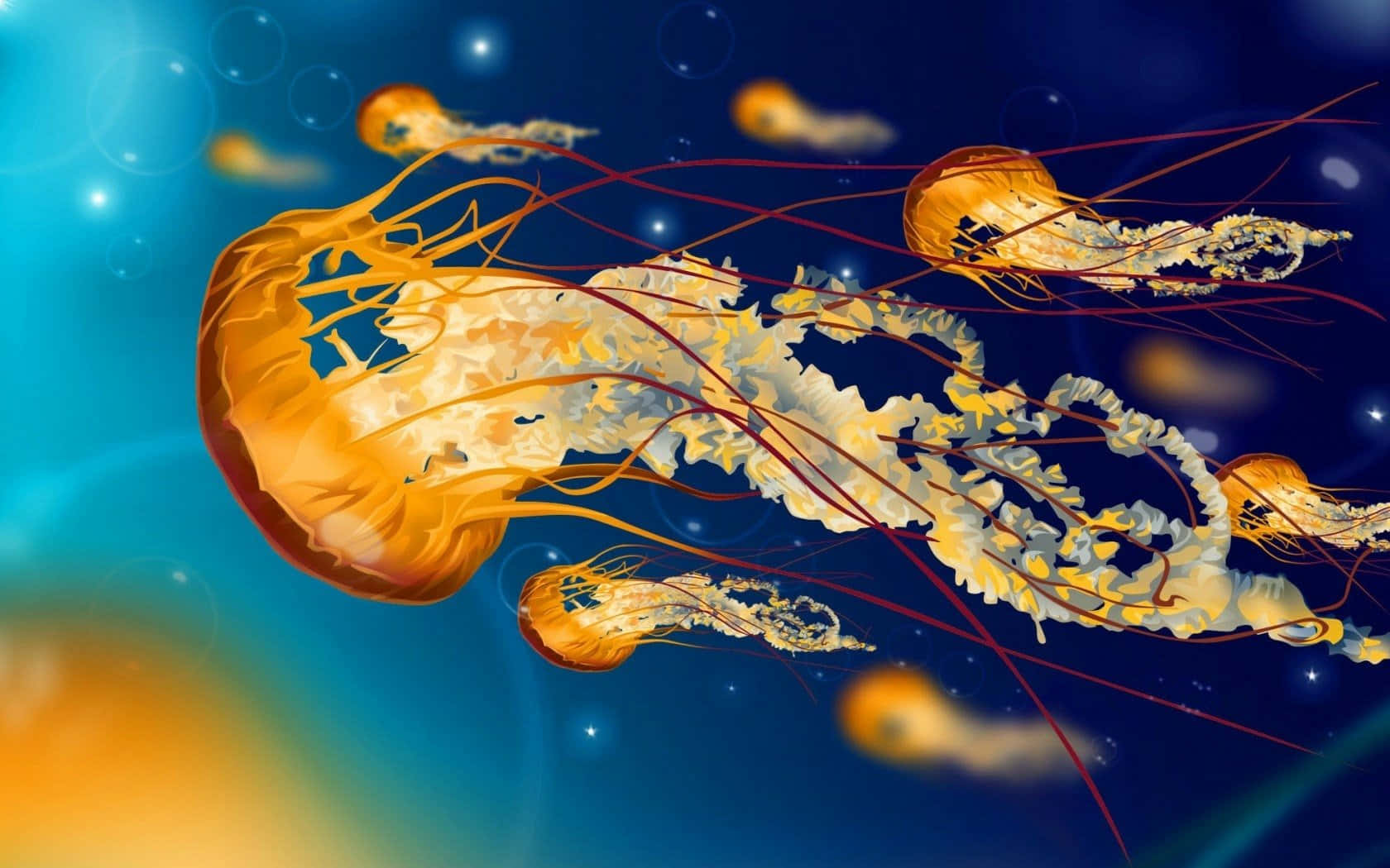  壁紙 — 發光的橙色水母在深藍色海洋中優雅地漂流，被柔和的光線和漂浮的氣泡照亮。