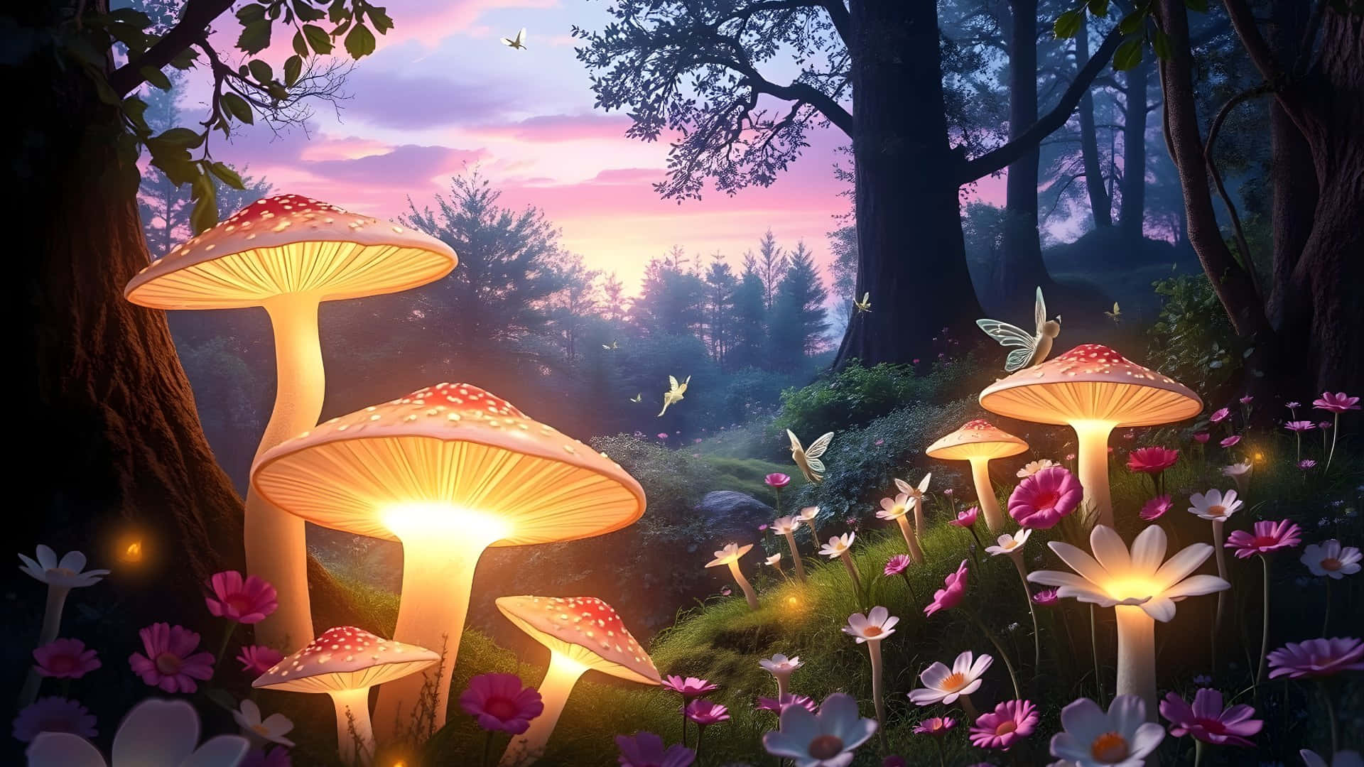  壁紙 — 發光蘑菇在黃昏時照亮神秘的森林，伴隨著飛舞的仙女和粉紅色的花朵。