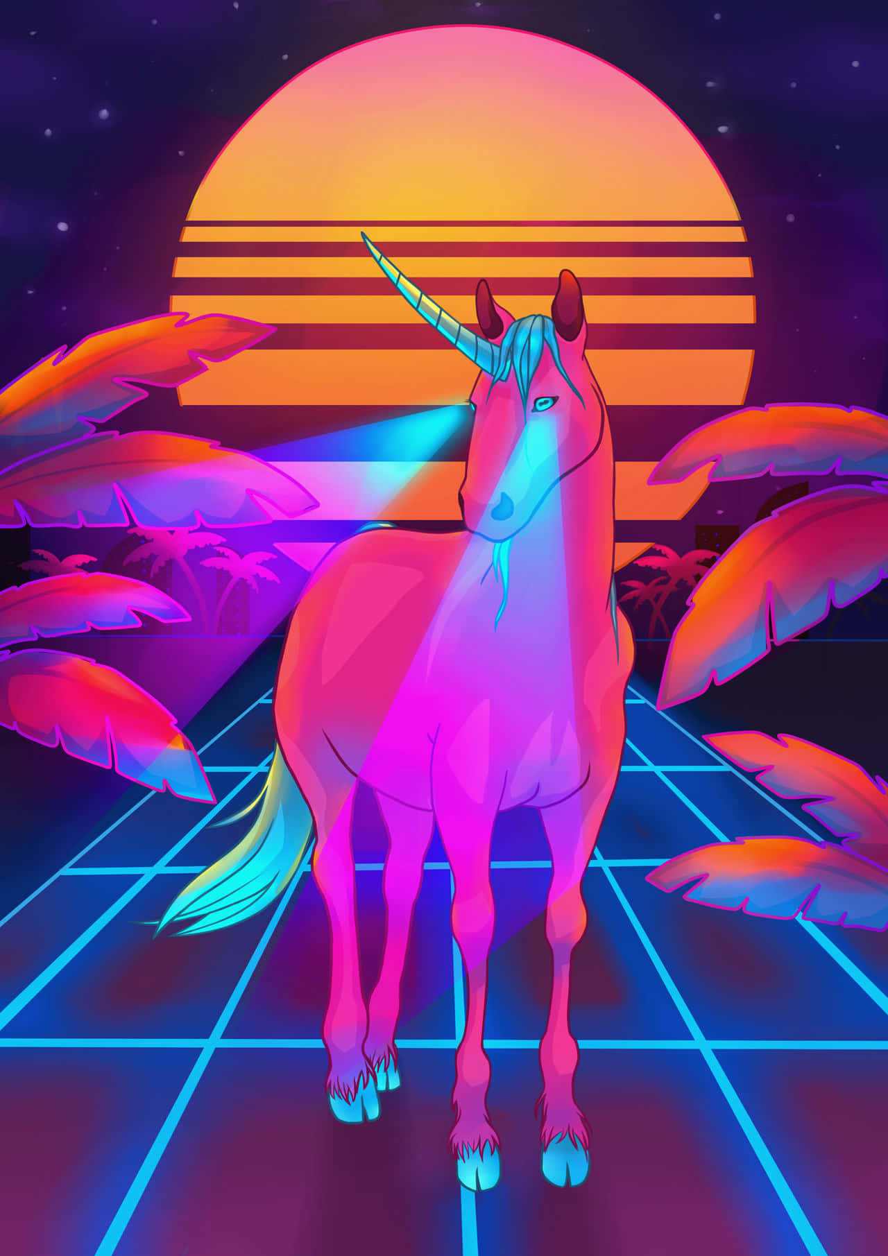  壁紙 — 一隻發光的霓虹獨角獸站在網格上，在充滿活力的日落和棕櫚葉下，處於復古未來主義的數位景觀中。