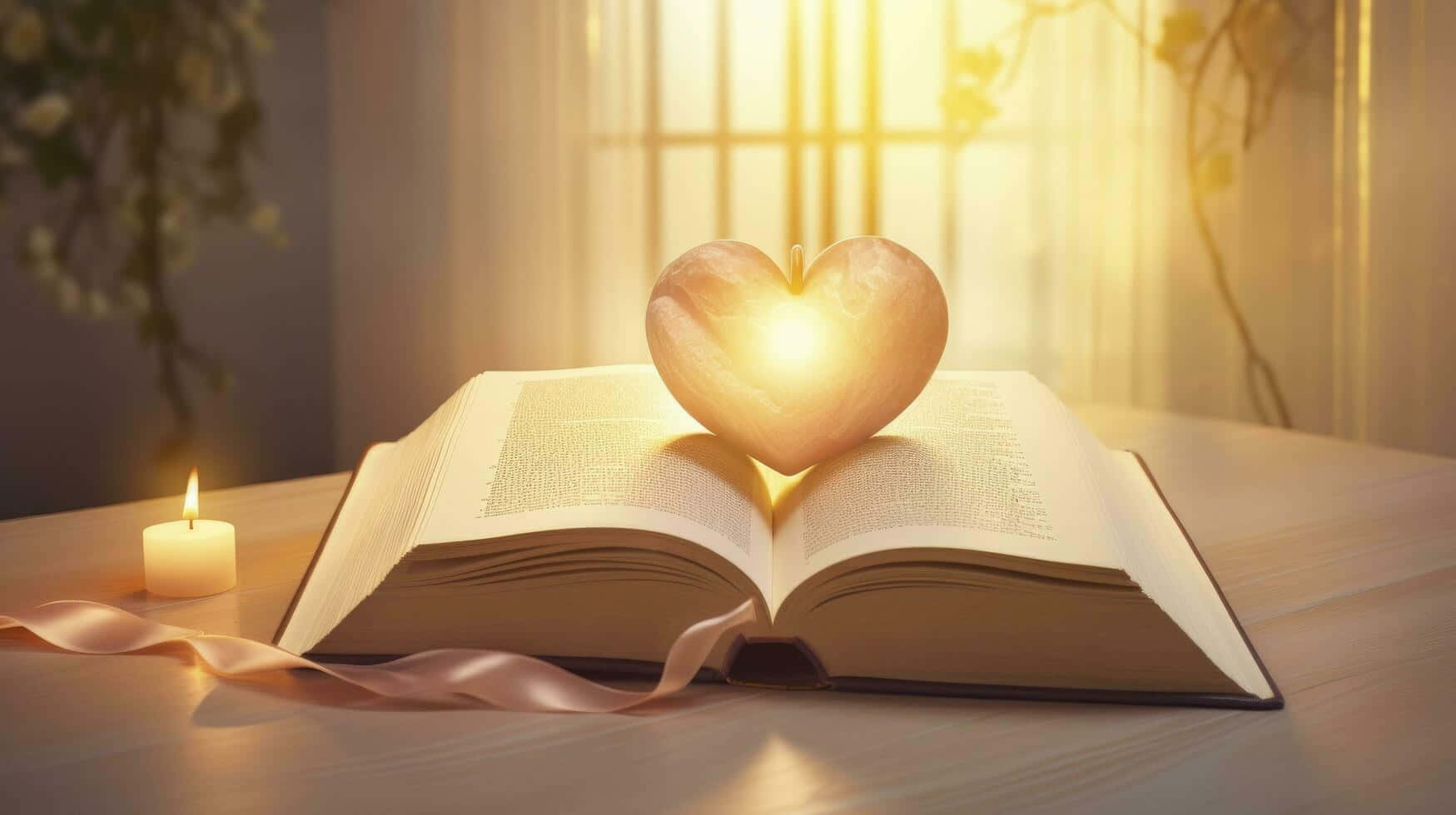 I Love God 桌布 壁紙 — 一顆發光的愛心形狀蠟燭放在一本打開的書上，書本沐浴在從窗戶灑進的溫暖陽光中。