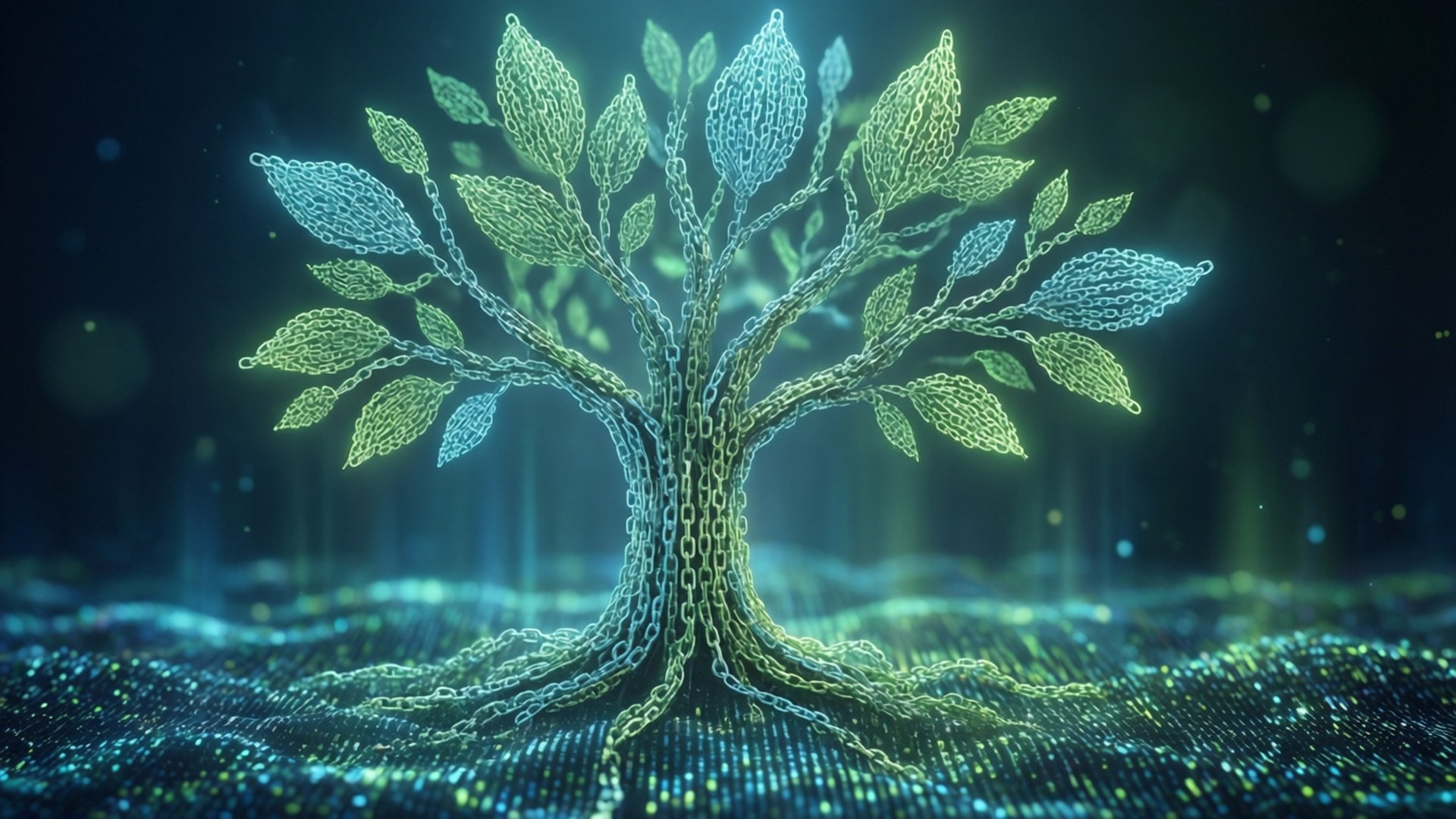 Blockchain 桌布 壁紙 — 一棵發光的樹，帶有鏈條狀的葉子和根，從數位景觀中浮現，背景是深藍色的散景天空。