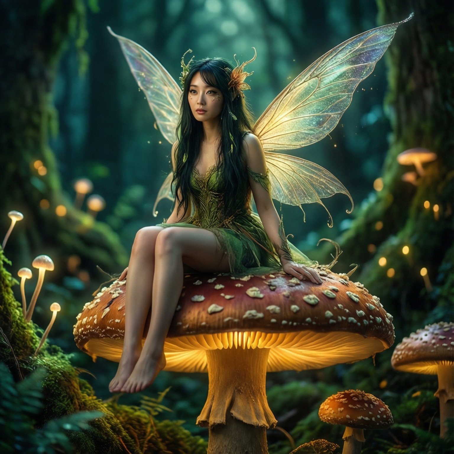 森林仙子 壁紙 — 一位發光的仙子擁有半透明翅膀，優雅地坐在霧氣繚繞的魔法森林中的發光蘑菇上。