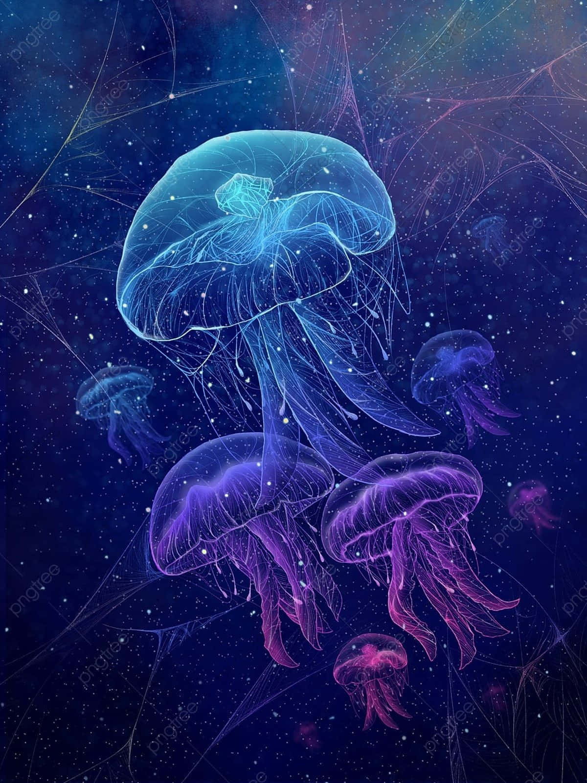  壁紙 — 發光水母在星光燦爛的宇宙海洋中漂浮，帶有霓虹藍和紫色色調以及發光的絲狀物。