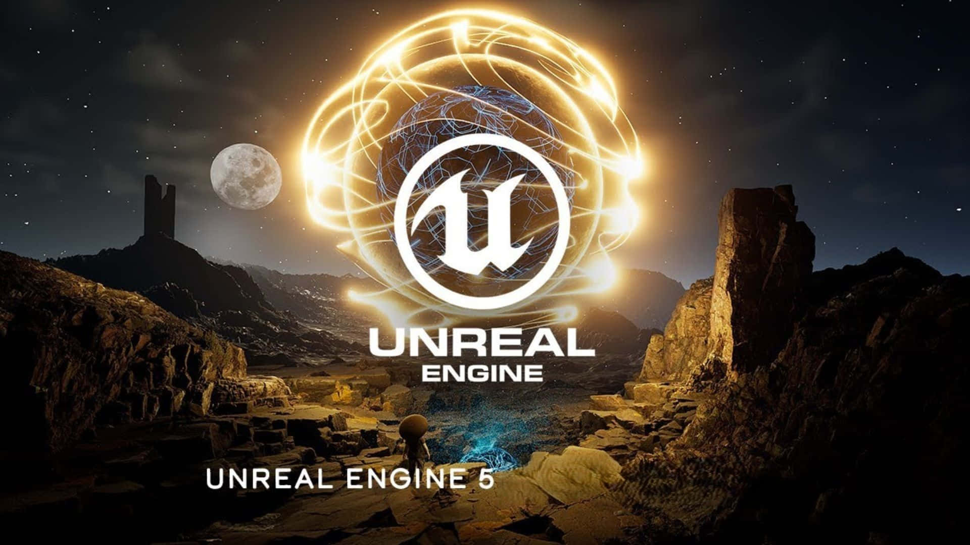  壁紙 — 發光的 Unreal Engine 5 標誌懸浮在岩石沙漠景觀上空，下方是滿月星空之夜。