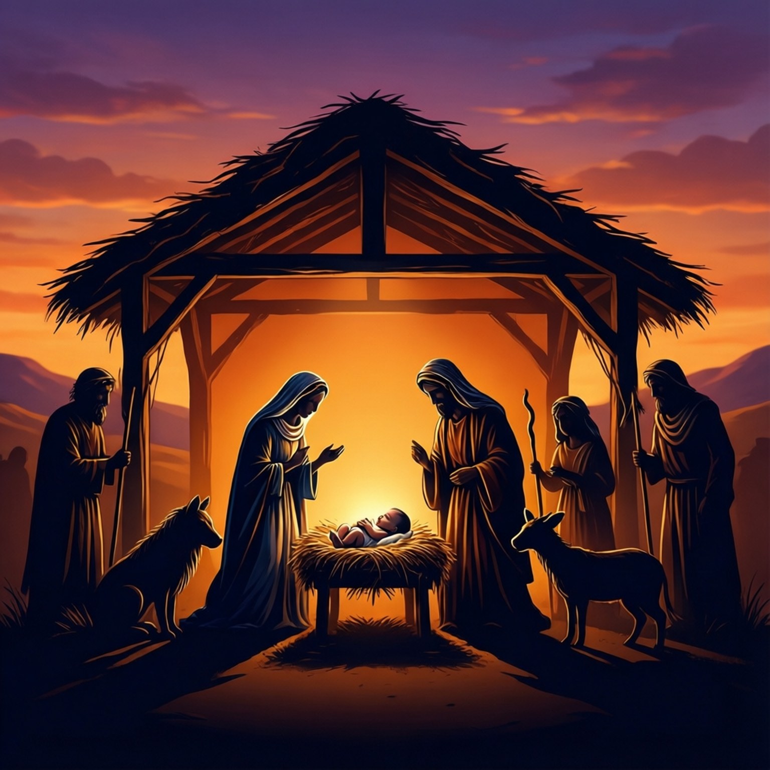 夕陽剪影聖誕場景 壁紙 — 一個發光的嬰兒躺在馬槽裡，在發光的馬棚屋頂下，瑪利亞和約瑟恭敬地跪著，周圍有牧羊人和動物，夕陽西下。
