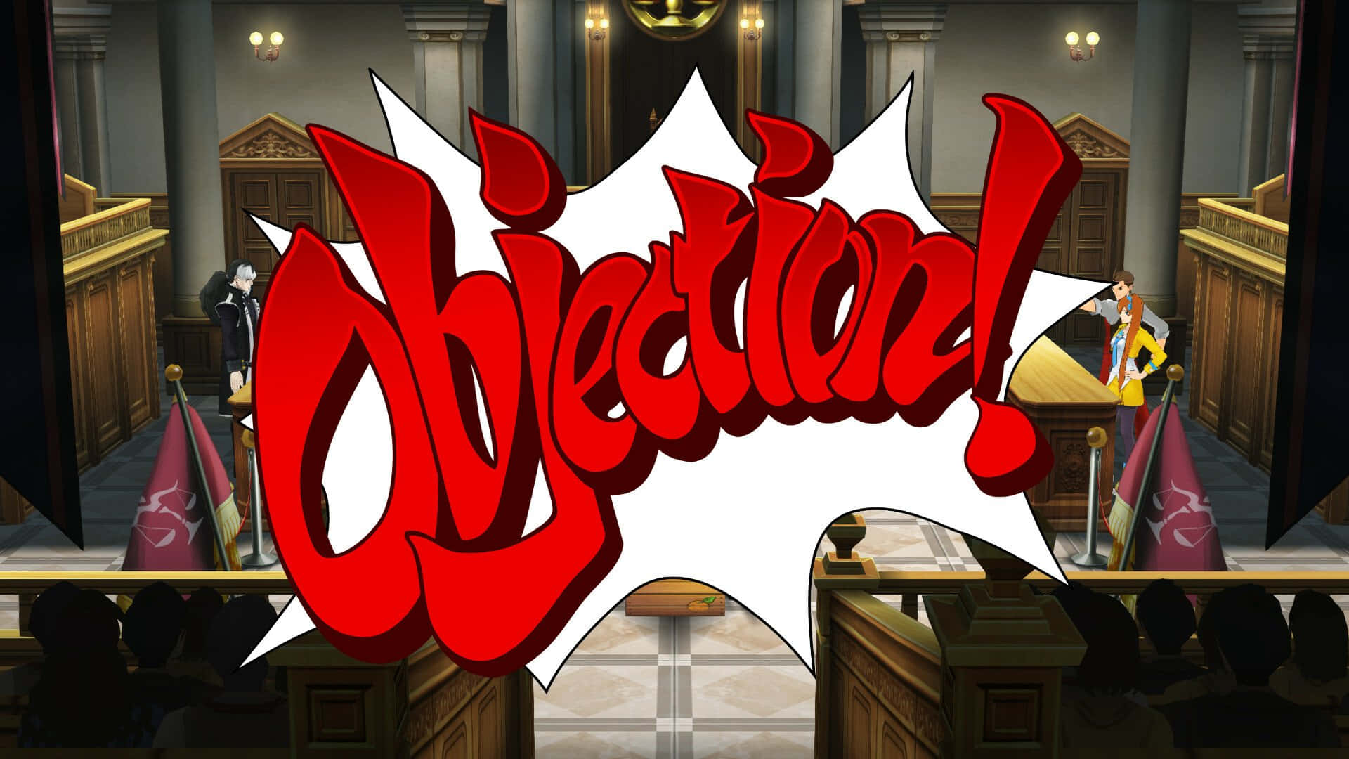  壁紙 — 法庭場景，一個巨大的紅色「Objection！」漫畫潑濺佔據前景。