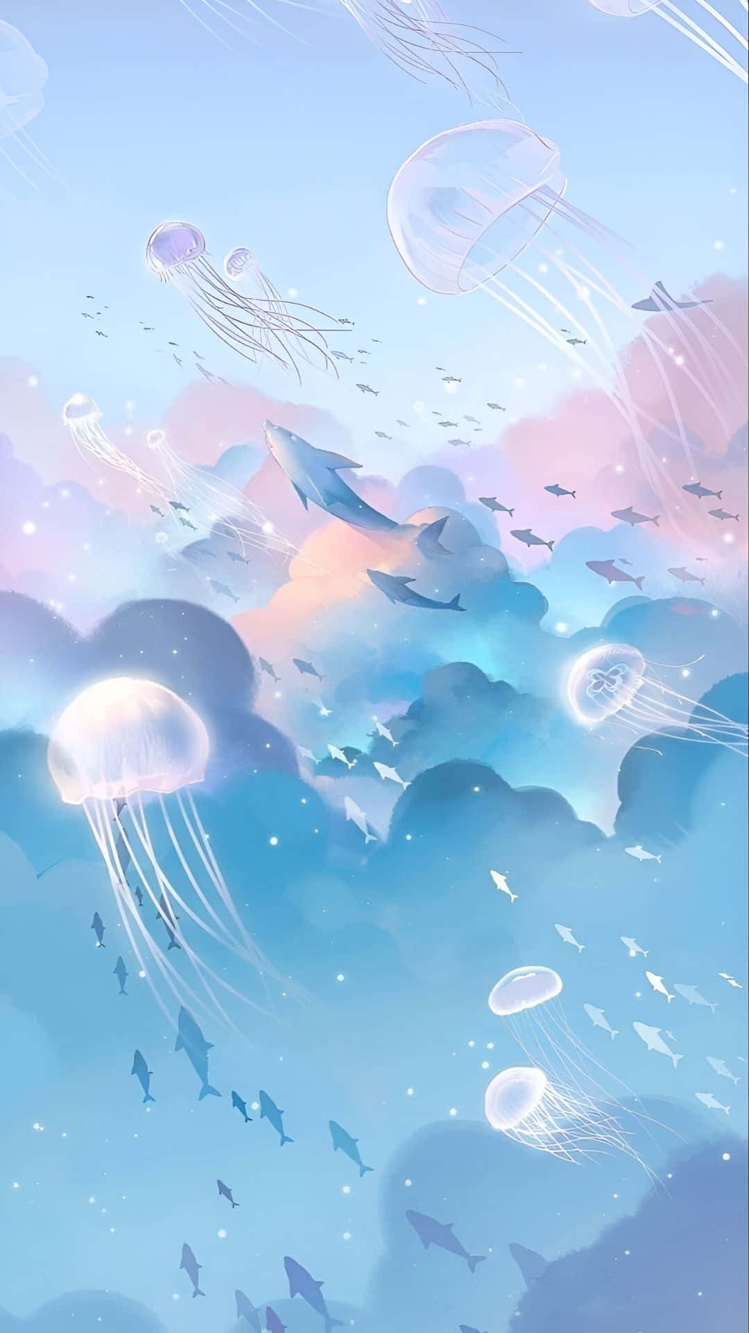  壁紙 — 發光的水母和魚群在充滿柔和雲朵的夢幻粉彩天空中游動。