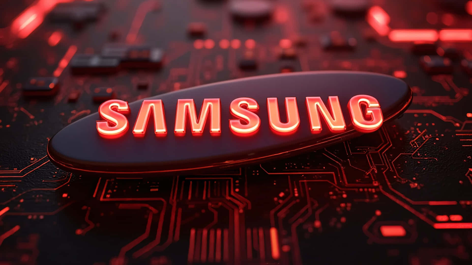  壁紙 — 發光的紅色Samsung標誌放置在一個細節豐富的電路板上，帶有複雜的電子路徑。