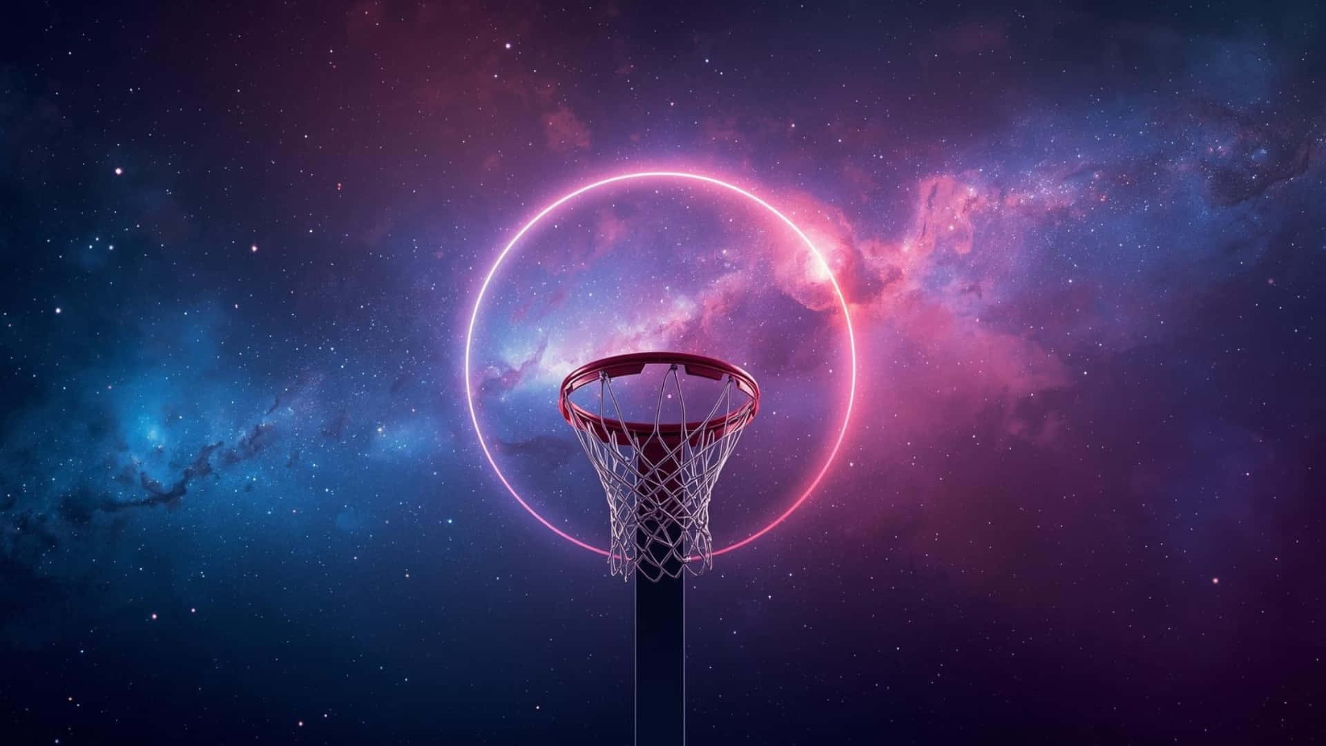  壁紙 — 一個發光的籃球框漂浮在由粉紅色、藍色和紫色星雲及星星組成的充滿活力的宇宙背景前。