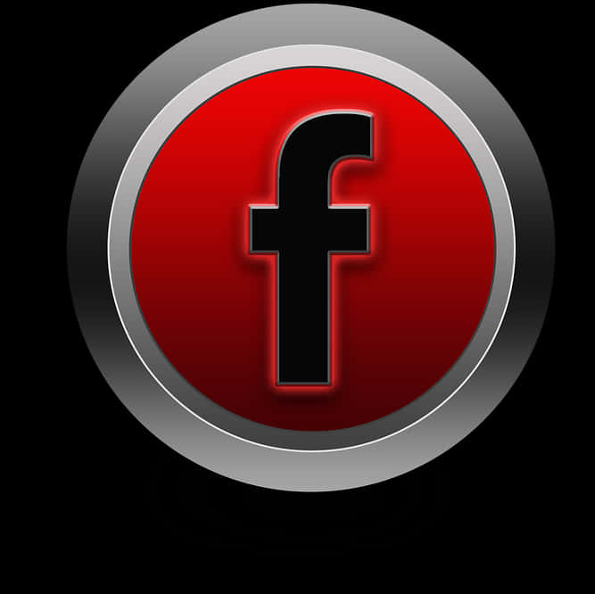 Facebook標誌紅銀配色 壁紙 — 一個亮面紅色圓形按鈕，中央有一個黑色小寫f標誌，位於銀色金屬邊框內，背景為黑色。