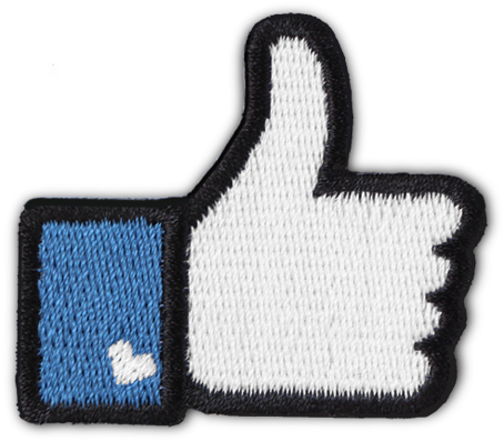 Facebook「讚」圖示繡花貼片 壁紙 — 黑色背景上繡有藍色正方形和白色手的Facebook豎起拇指圖示。