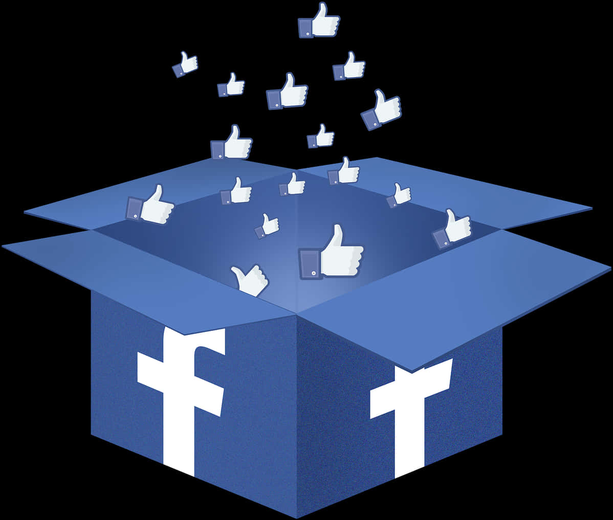 Facebook 喜歡按鈕從盒子爆發 壁紙 — 一個藍色Facebook盒子，在黑色背景上溢出大量豎起拇指圖示。