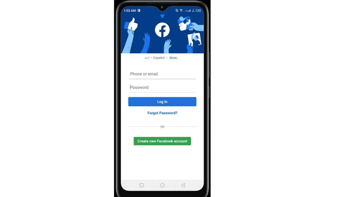 Facebook 登入手機網頁 壁紙 — 智能手機顯示Facebook登入畫面，藍色標題圖示和白色輸入欄位在深色背景上。