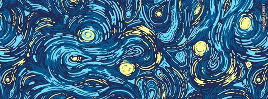 抽象藍色設計 Facebook 封面 壁紙 — 充滿活力的藍黃色漩渦宇宙圖案，模仿梵高星夜，帶有粗獷的筆觸紋理。