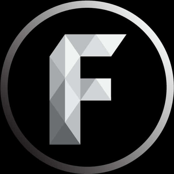Facebook圖標 白色圓形背景 壁紙 — 一個風格化的幾何字母F，以銀色切面居中於金屬環內，背景為黑色。