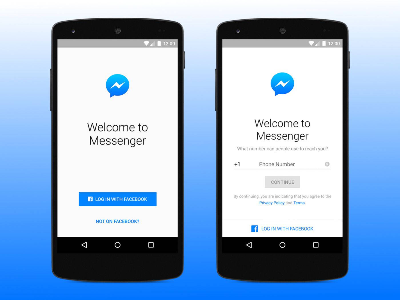 兩部手機顯示 Facebook Messenger 登入畫面。