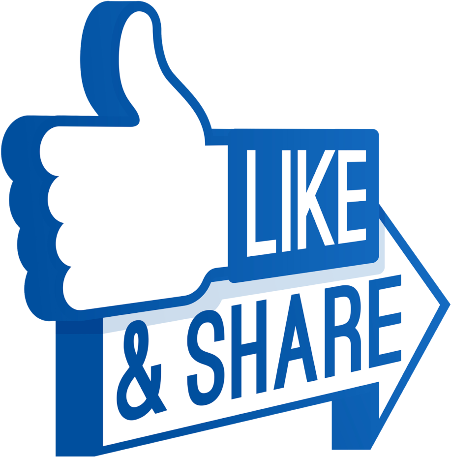 Facebook「讚」與「分享」圖形 壁紙 — 一個大膽的藍白豎起拇指手勢圖案，箭嘴指向右方，上面有「LIKE & SHARE」文字。