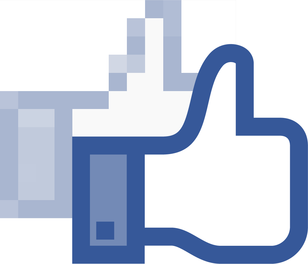 Facebook 喜歡圖標 壁紙 — 一個風格化的藍色豎起大拇指圖標，左側像素化，右側平滑，背景為白色。