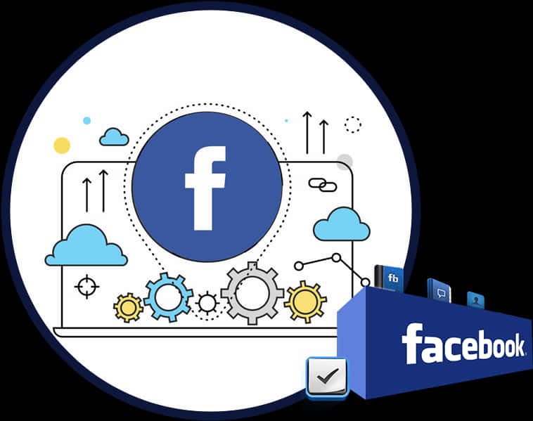 Facebook資訊圖概念 壁紙 — Facebook 標誌的風格化數位插圖，周圍環繞著齒輪、雲朵和向上的箭頭，象徵社交媒體的成長和連結。