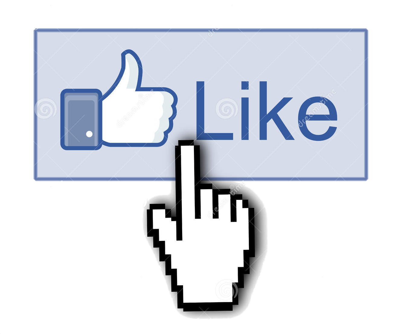 Facebook 喜歡按鈕滑鼠點擊 壁紙 — 一個像素化手形游標在黑色背景上點擊帶有豎起大拇指圖示的藍色「讚好」按鈕。
