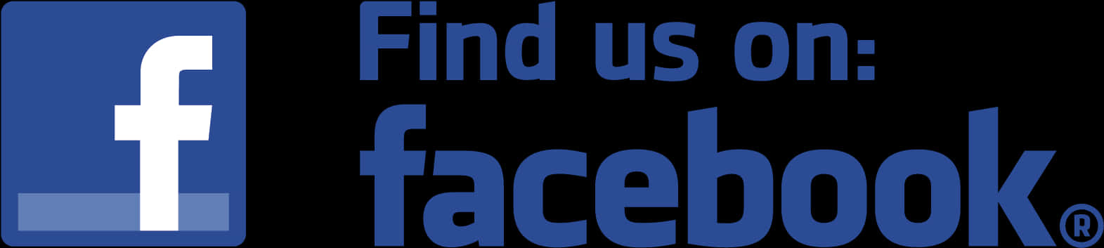 Facebook「尋找我們」橫幅 壁紙 — 藍色Facebook標誌，帶有白色f圖示和黑色背景上的文字。