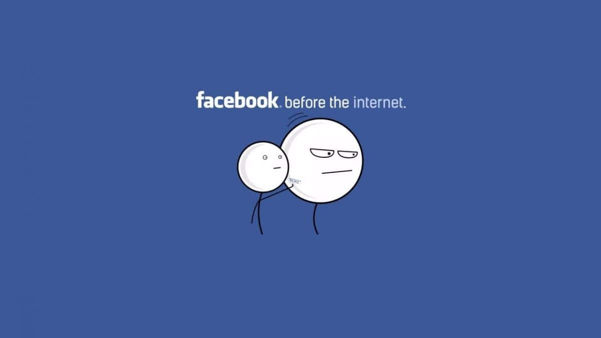 兩個卡通人物，帶有憤怒和中性的表情，文字為「facebook before the internet」，藍色背景