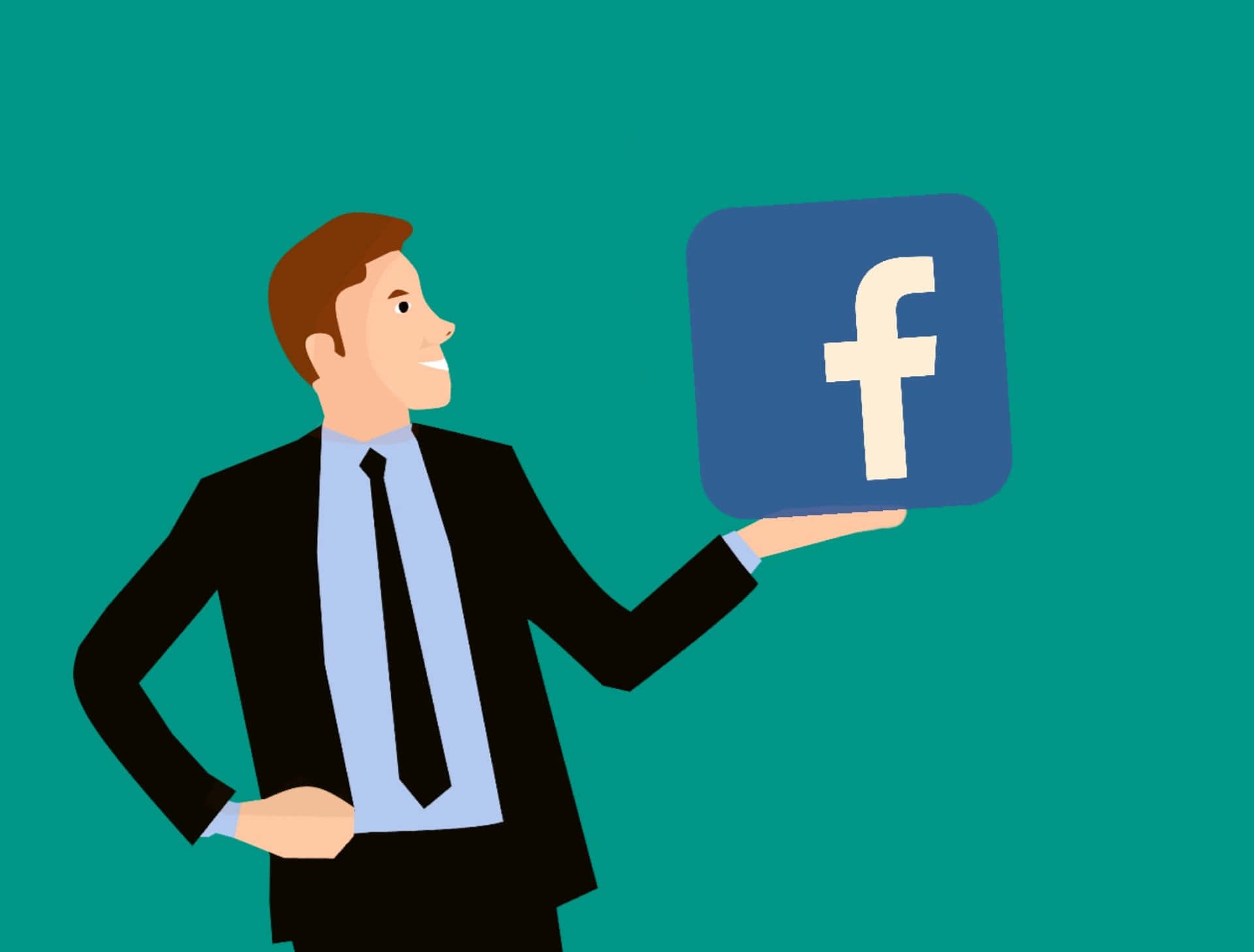 商人在青綠色背景上舉起Facebook標誌
