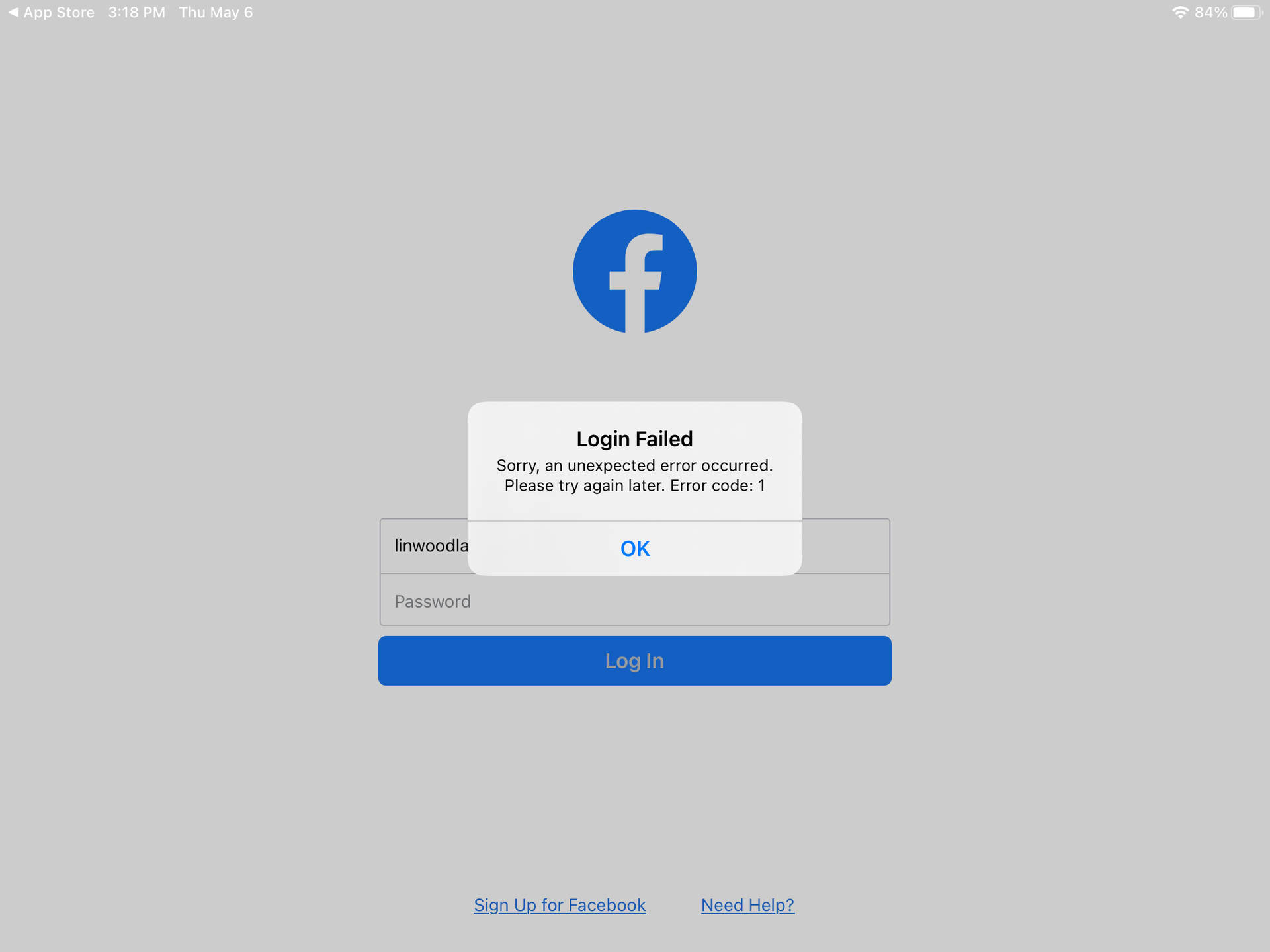 顯示登入失敗錯誤訊息的 Facebook 登入畫面。