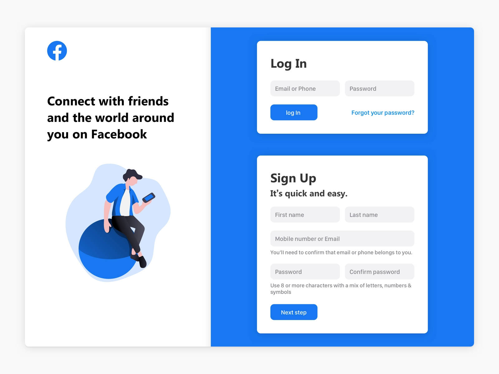 Facebook 登入和註冊畫面，有人使用手機。