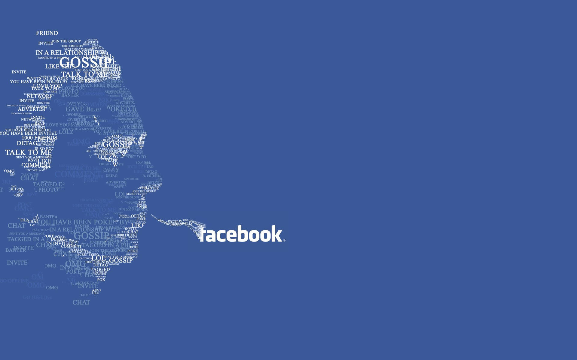 Facebook標誌與人物側面的文字雲剪影。