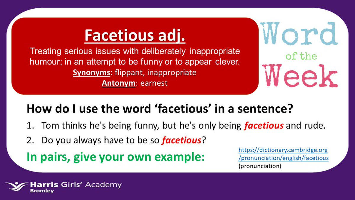 教育海報，以例句和發音連結定義單詞 facetious。