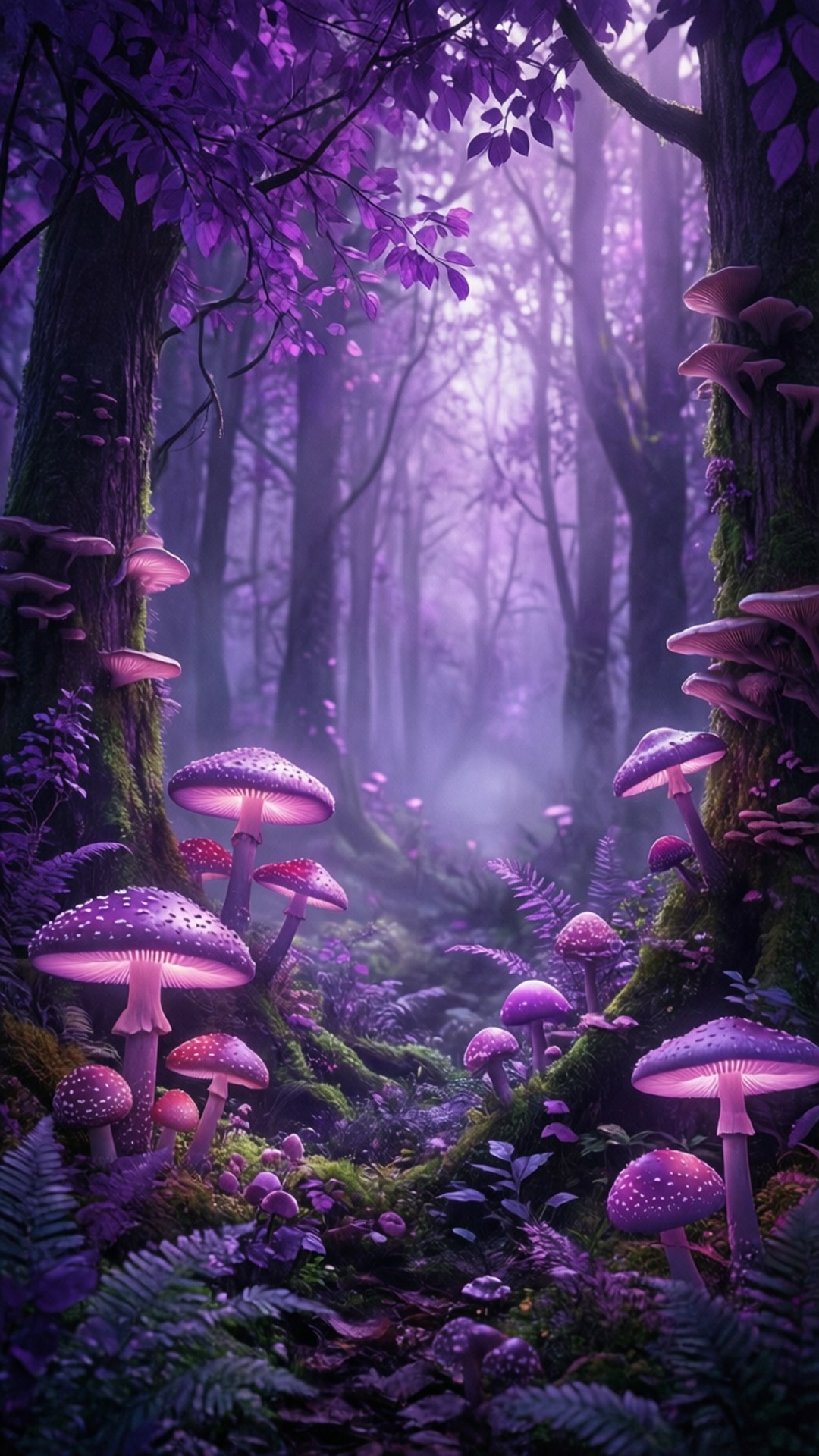 紫色發光蘑菇在長滿苔蘚的樹木間生長，在柔和光線下的神秘森林。