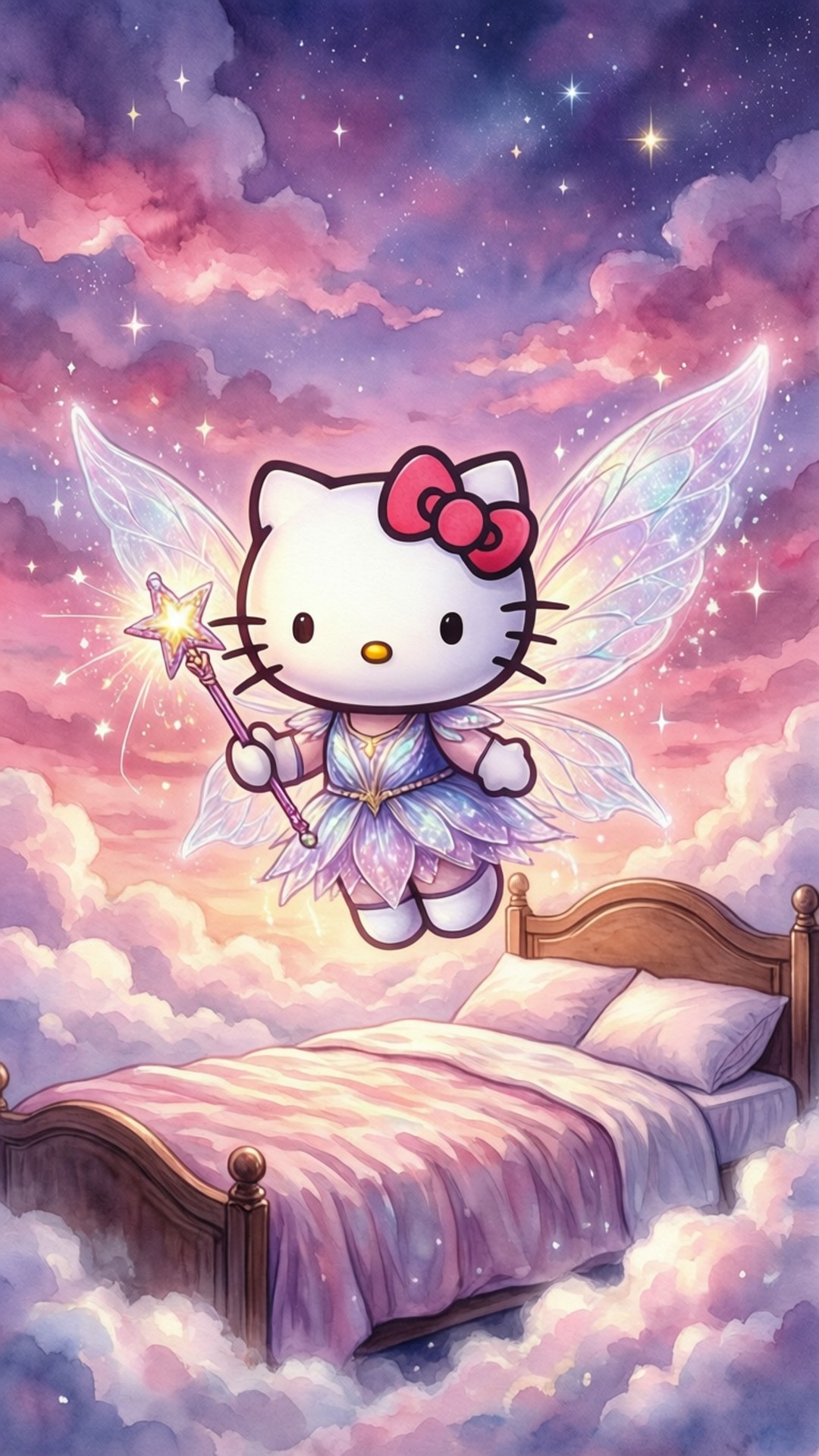 Hello Kitty 仙子手持星星魔杖，漂浮在粉紫色星空中的木床上方。