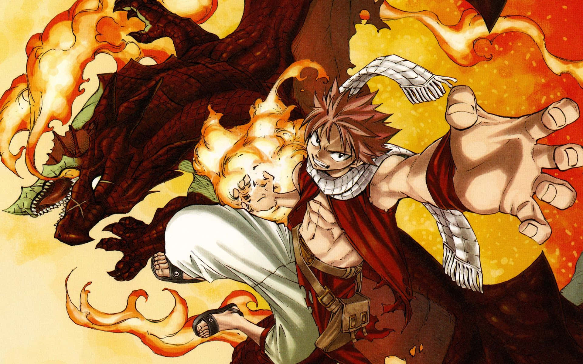 FAIRY TAIL 風格 Natsu 與 Igneel 壁紙 — 一位紅圍巾火紅頭髮的動漫戰士，在旋轉的火焰和金色光芒中與龍戰鬥。