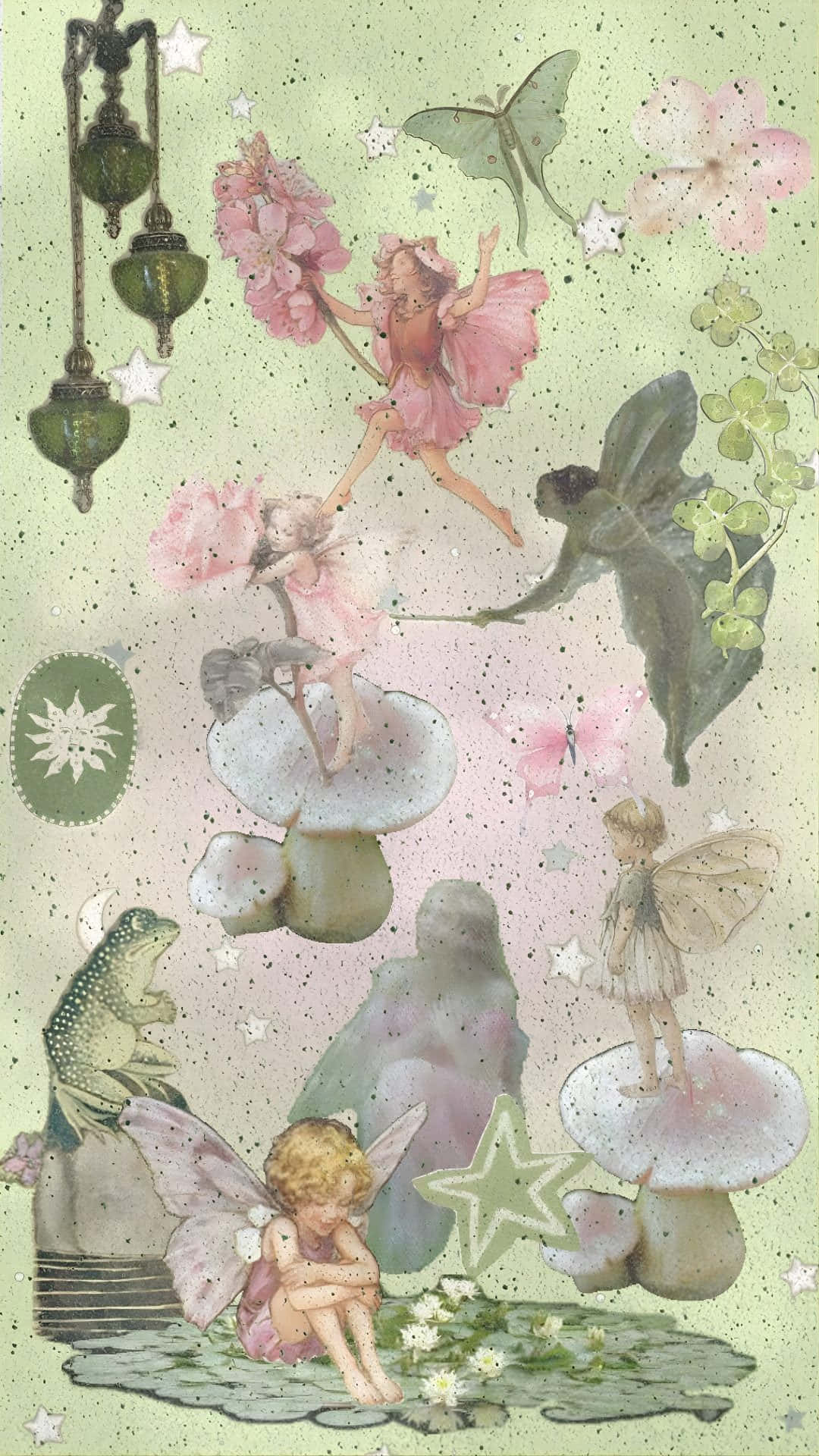  壁紙 — 童話插圖，仙女在星空下於蘑菇和花朵間跳舞。
