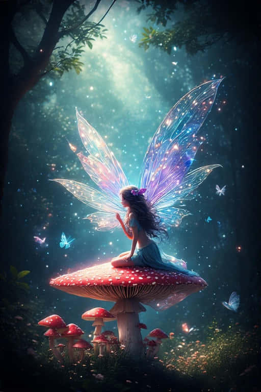 Fairy Whispers Enchanted Forest 壁紙 — 一個帶有發光半透明翅膀的精靈坐在一個巨大的紅色蘑菇上，身處一個沐浴在空靈藍光和綠光中的神秘森林。