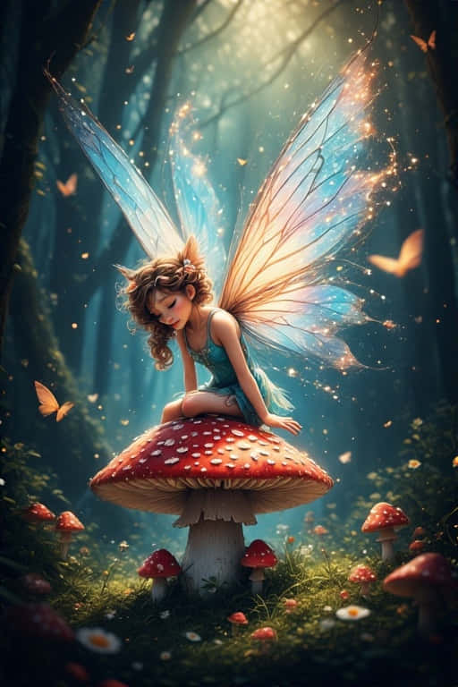 Fairy Whispers Enchanted Forest 壁紙 — 一個擁有半透明藍色翅膀的精靈，棲息在陽光明媚的森林空地上的一個巨大紅色蘑菇上。