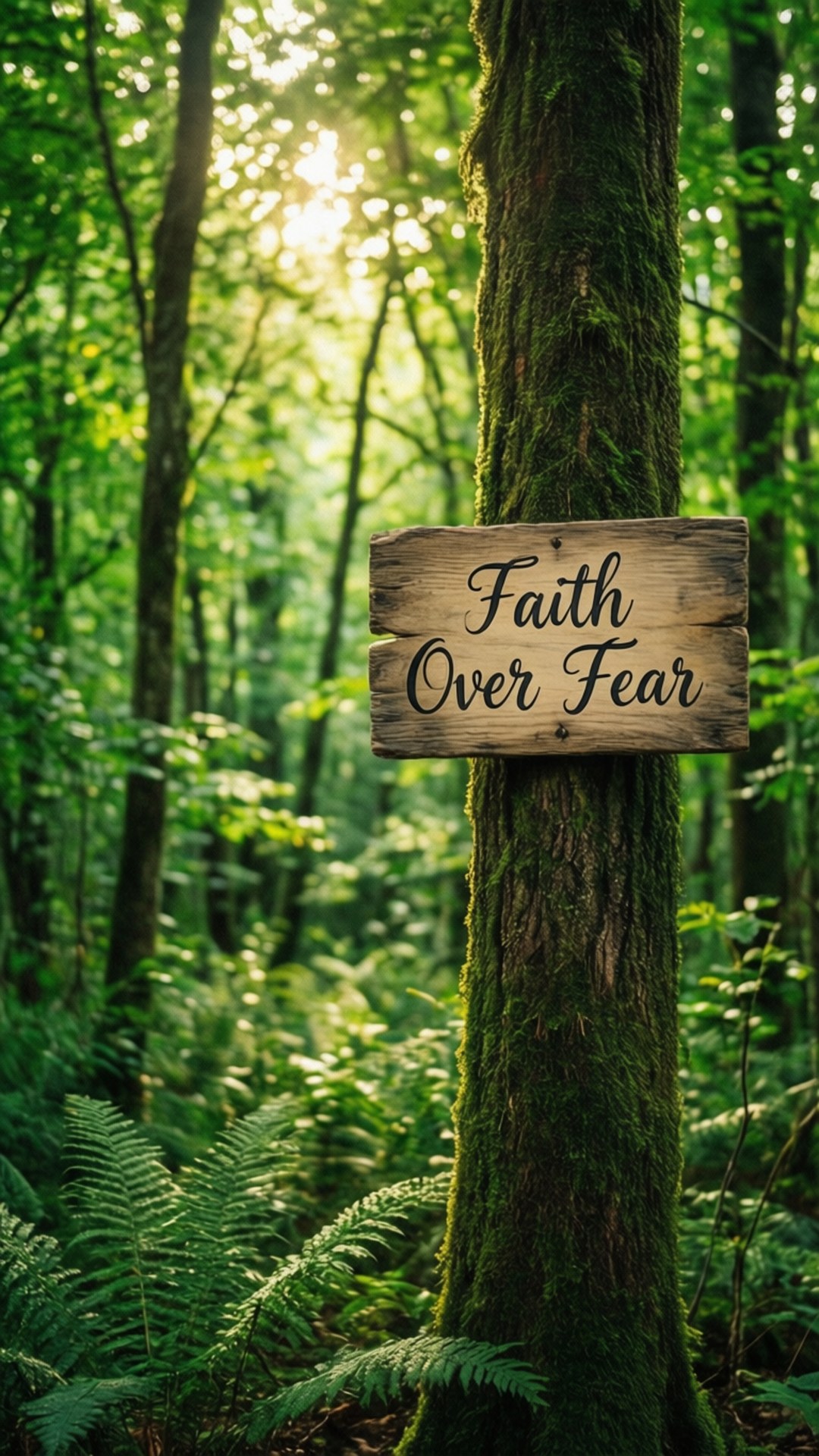 寫有「Faith Over Fear」的木牌釘在陽光森林的苔蘚樹上。