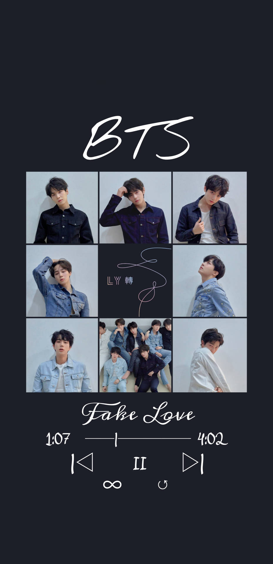 BTS專輯封面拼貼，包含成員肖像和歌曲名稱Fake Love。
