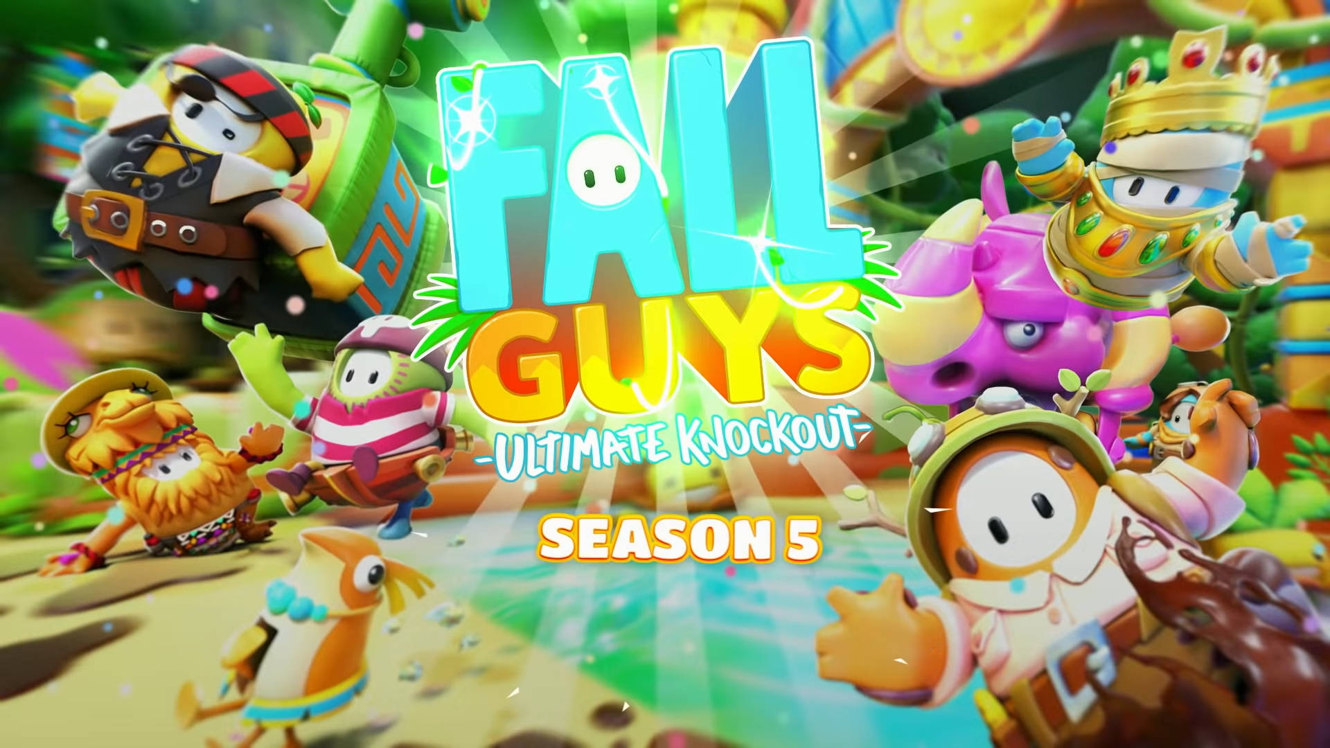 Fall Guys Ultimate Knockout 第五季遊戲海報 壁紙 — 充滿活力的卡通角色穿著色彩繽紛的服裝，在發光的「Fall Guys」標題周圍跳躍和擺姿勢，營造出有趣的遊戲場景。