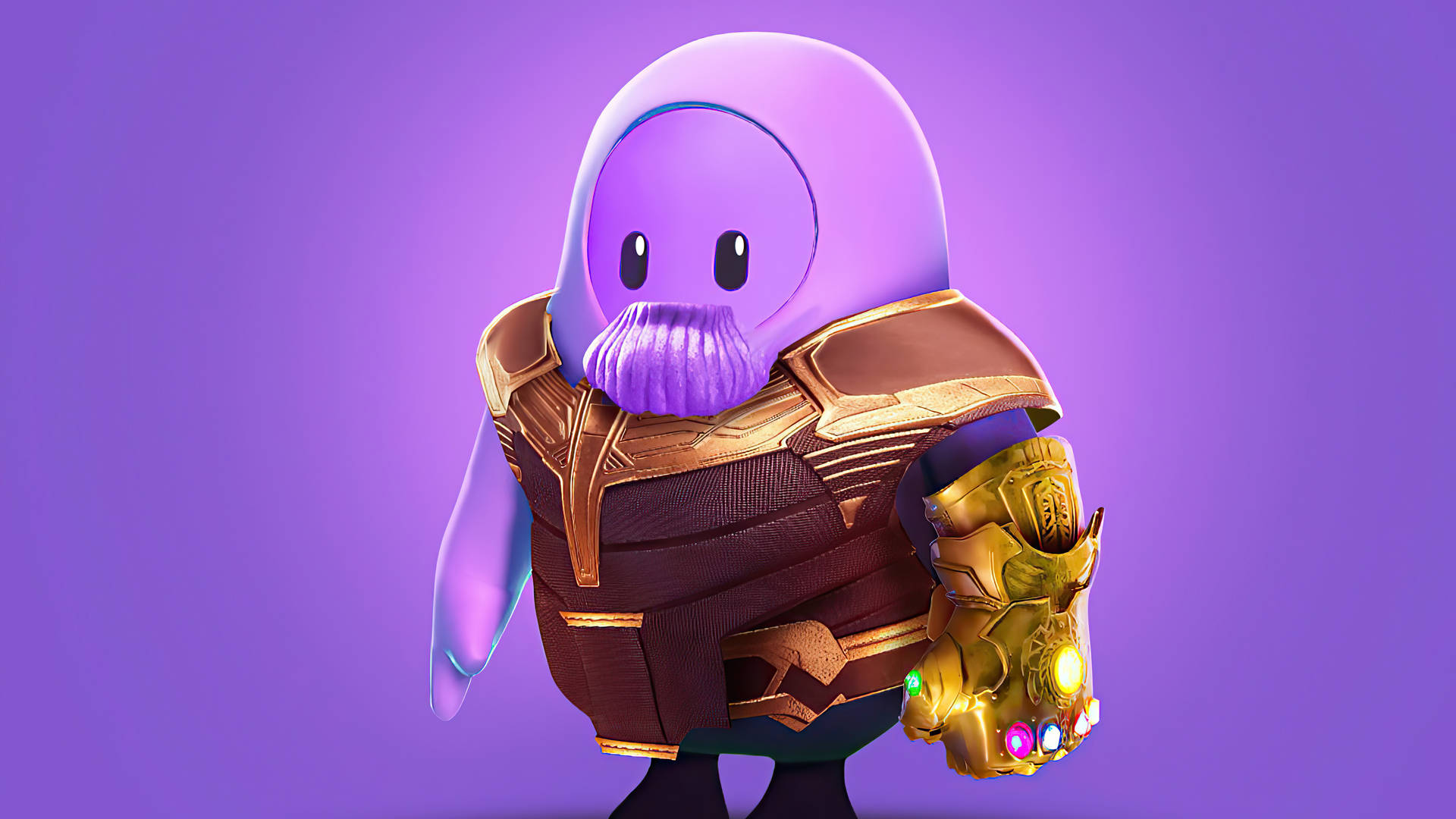 可愛的卡通Thanos穿著金色盔甲拿著無限手套