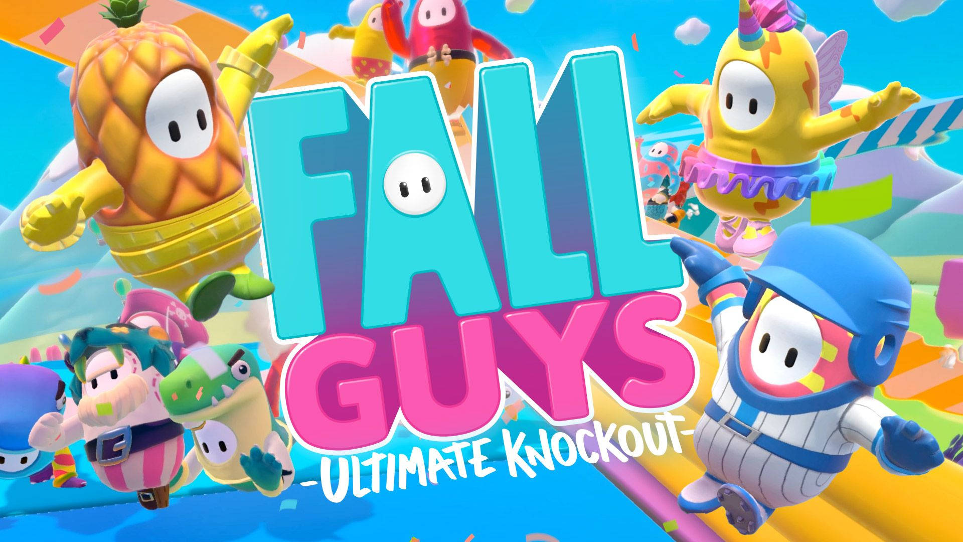 Fall Guys 角色在色彩繽紛的障礙賽道中騰空。