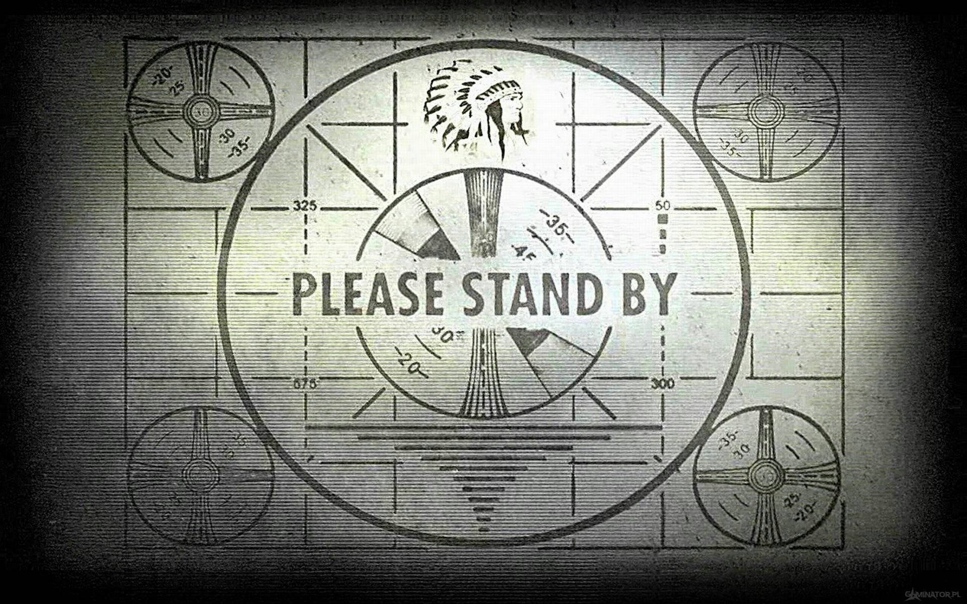 Fallout 4 PS4 桌面 壁紙 — 復古電視測試圖案，帶有「PLEASE STAND BY」文字和美洲原住民頭飾圖形，單色。