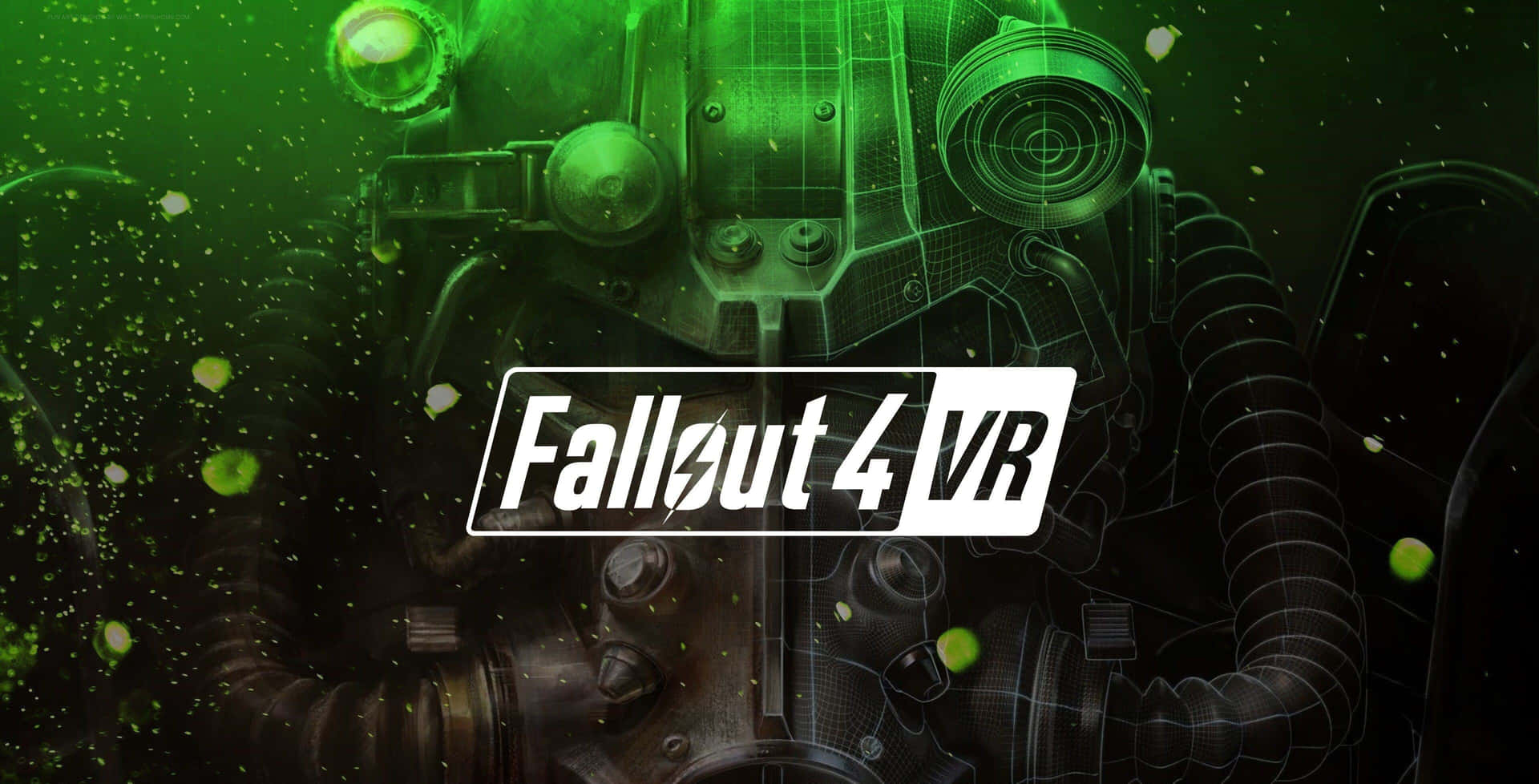 在黑暗環境中，發光綠色防毒面具上方的 Fallout 4 VR 標誌。