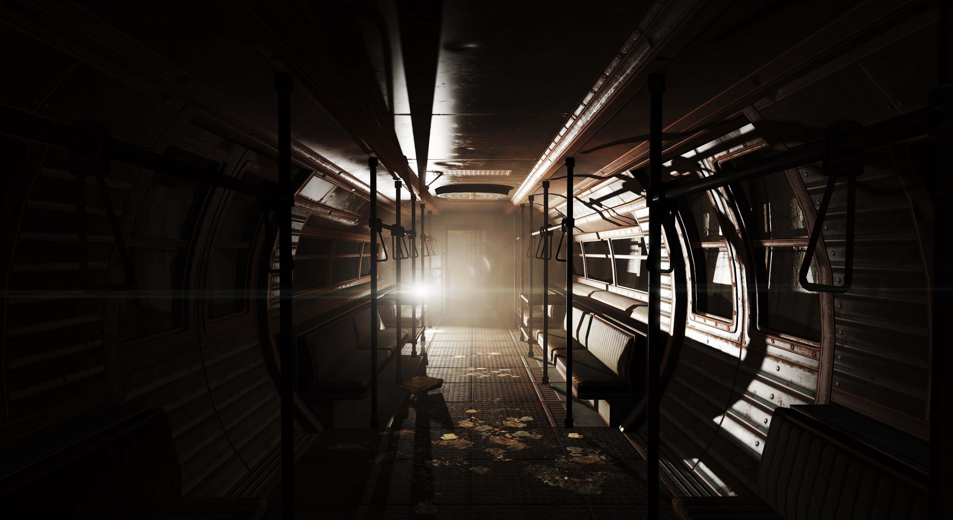 Fallout 4 電腦存取系統 壁紙 — 廢棄地鐵車廂內部，遠處出口灑入灰塵飛揚的金色光線，顯露出破舊的座椅和剝落的牆壁。
